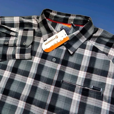 Merrell Mens XXL Hoffmann Gray Plaid Button Down Flannel Shirt Opti Wick UPF 30+ - Image 1 of 4