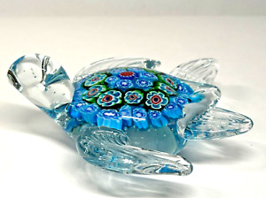 Clear Glass Turtle Paperweight w/ Multicolor Millefiori