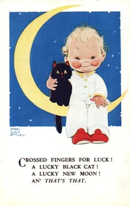 Child on Crescent Moon with cat  MLA Artist Signed Mabel Lucie Attwell #3697 - Picture 1 of 2