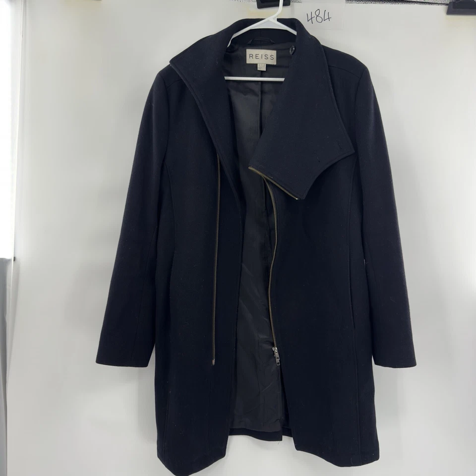 REISS Wool Blend Asymmetrical Zipper Coat in Black Size L - Image 1 of 4
