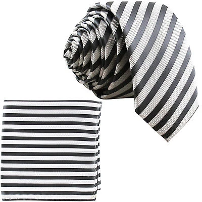 全新品牌 Q 男式 Poly Stripes 2.25 英寸紧身领带和汉基白色深灰色  — 第 1/3 张图片