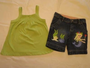NWT Gymboree Size 5 Mermaid  Magic Denim Bermuda Shorts Lime Tank Top Outfit Set - Picture 1 of 2