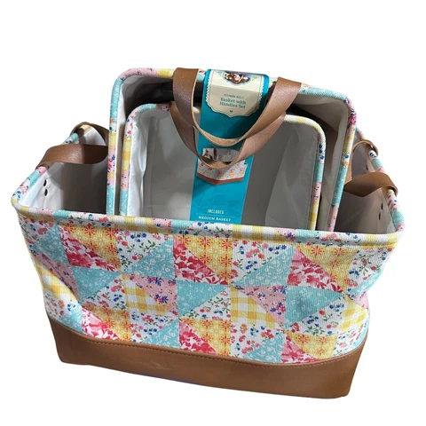 Pioneer Woman  Canvas Patchwork Storage Bin Baskets, Small Medium & Large (3) Cover