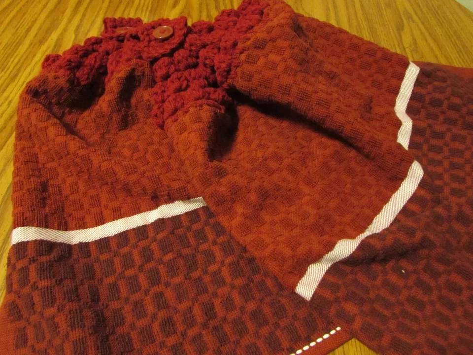 2 Hanging Kitchen Dish Towel Burgundy Set Crochet Tops Handmade Red - Изображение 1 из 4