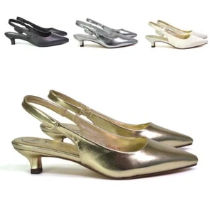 Womens Low Kitten Heel Shoes Ladies Slingback Pointed Toe Party Sandals Size 3-8 - Picture 1 of 45