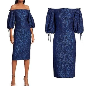 THEIA Metallic Puff Sleeve Cocktail Dress, Size 2 Navy Off the Shoulder - Picture 1 of 10