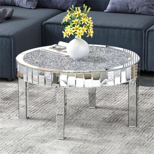 Glam Mirrored Coffee Table Round Silver Accent Table w/ Dazzling Diamonds Inlay - Picture 1 of 12