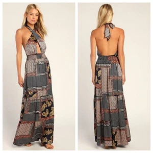 LULUS Trendy Travels Navy Blue Multi Scarf Print Halter Maxi Dress Size L NWT - Picture 1 of 16