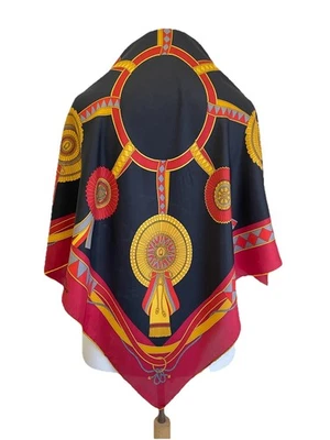 Y9# Longchamp Paris Silk Scarf Equestrian Ribbon Rosettes Black Red Gold Vintage - Image 1 of 4