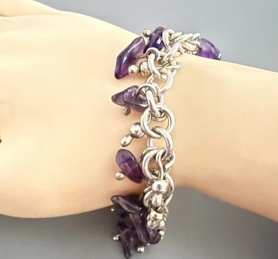 Brazalete Estate Amatista 925 Plata Esterlina Sólida Palanca Dije 33 GR INUSUAL Foto 1 de 4