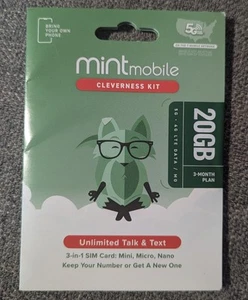 Mint Mobile Prepaid SIM Card - 3 Months Of Unlimited Talk / Text & 20GB Data - Photo 1 sur 1