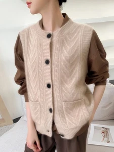 New 100% Wool Vest Women's Thickened Twisted Round Neck Sleeveless Sweater Gilet - Picture 1 of 23