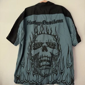 Harley Davidson Button Shirt Mechanic Motorcycle Skull Flame Mens XL - Picture 1 of 5