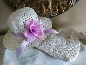 TODDLER GIRLS EASTER HAT DRESSUP TEAPARTY HAT WHITE HAT LAVENDAR ROSE BAG NEW - Picture 1 of 1