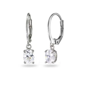 Sterling Silver Cubic Zirconia 7x5mm Oval Dangle Leverback Earrings - Picture 1 of 4