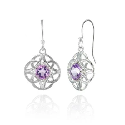 Cushion-Cut Celtic Open Knot Amethyst 5x5mm Dangle Earrings in Sterling Silver - Image 1 of 4