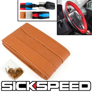 BROWN LEATHER STEERING WHEEL COVER GRIP ANTI SLIP W THREAD FOR 14" 15" CAR P5 - Picture 1 of 1