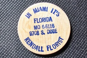 Vintage Wooden Nickel Kendall Florist Miami Florida Blue - Picture 1 of 2