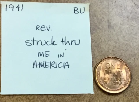 1941 Lincoln Wheat Cent   Error  Struck Thru Reverse  BU coin Cover