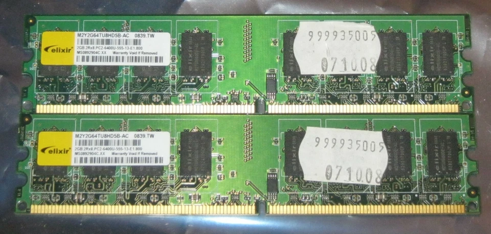 2x 2GB ELIXIR DDR2 RAM 800MHz PC2-6400U DIMM 240-pol. CL5 M2Y2G64TU8HD5B-AC 4GB - Bild 1 von 1