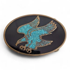 Hebilla de cinturón American Eagle de latón macizo triturado turquesa coral años 70 vintage - Imagen 1 de 2