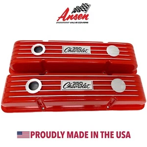 Small Block Chevy 350 Chevrolet Logo Classic Finned Red Valve Covers - Ansen USA - Picture 1 of 4