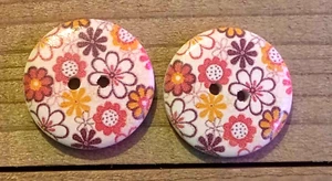 2 Floral Sewing Buttons Crafting Wood 2 Hole Round 1"  - Picture 1 of 2