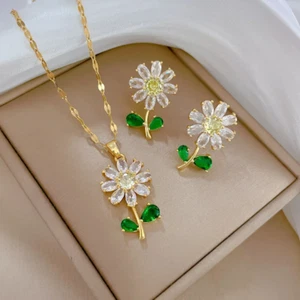 Women's Fashion Jewelry Gold Cubic Zircon Sunflower Earrings Necklace Set Reiki - Picture 1 of 13