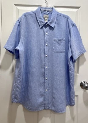 LL BEAN 100% Linen Button Up Shirt Men XXL 2XL Blue Short Sleeve - Image 1 of 4