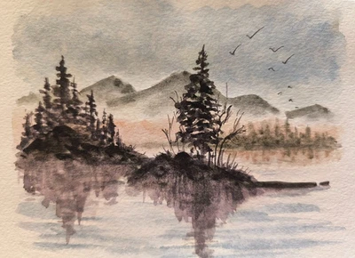 Obra de Arte Original Pintura Moderna Paisaje BERDS BOSQUE CIELO Paisaje Marino Arte Regalo A6 Foto 1 de 4