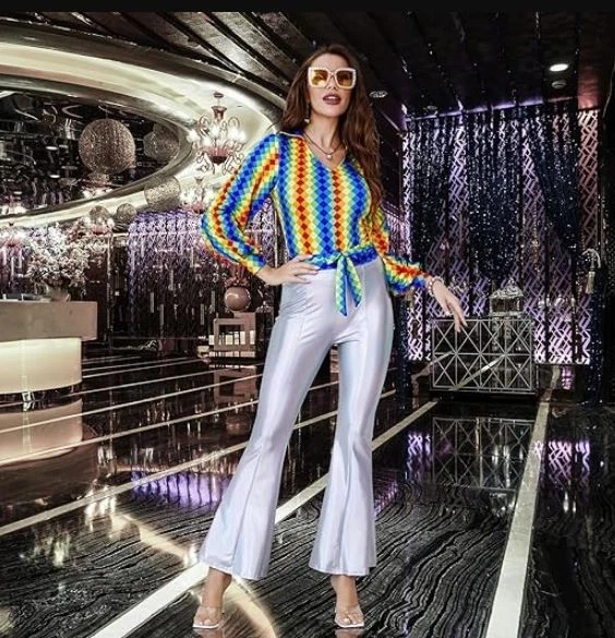 Joy Bang 70s Disco Costume Size S Rainbow Top Silver Bell-Bottom M Not Halloween - Image 1 of 4