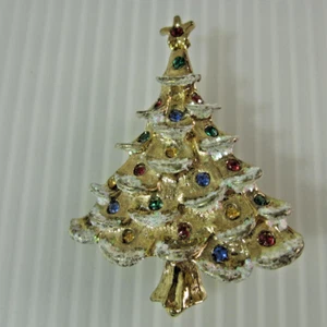 Vintage Christmas Tree Brooch Pin Gold Tone Rhinestones Holiday Jewel - Picture 1 of 7