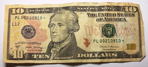 2017-A $10 Federal Reserve Star Note PL 00210910 Currency Low Serial U.S. - Picture 1 of 2