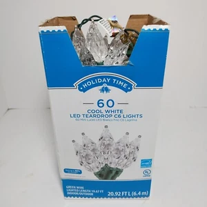 Holiday Time 60 Cool White LED Teardrop C6 Christmas Lights Green Wire 20. 92 Ft - Picture 1 of 5
