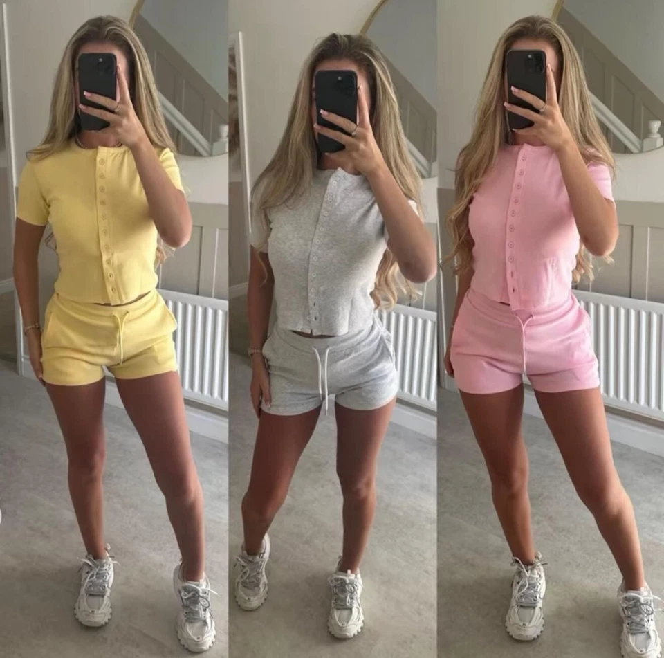 Womens Molly Shorts Set Ladies Ribbed Button Top Tracksuit Co-Ord Lounge Wear - Image 1 of 4