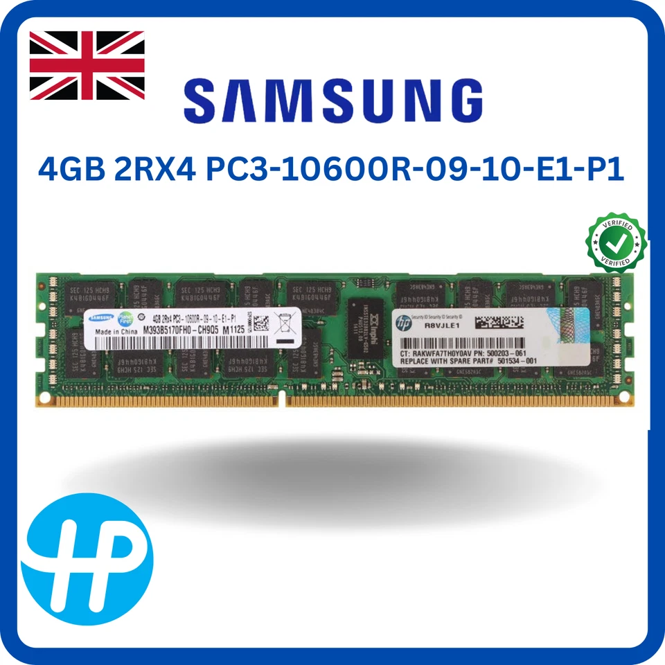 Samsung 4gb 2rx4 pc3-10600r-09-10-e1-p1 Server Memory RAM ITR7399 M393B5170FH0 - Image 1 of 1