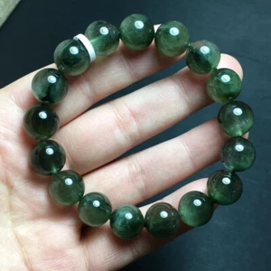 12mm Natural Green Hair Rutilated Crystal Round Beads Sphere Bracelet - Picture 1 of 2