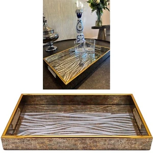Gold Rectangle Zebra Print Kitchen Serving Drinks Candle Decor Coffee Table Tray - Picture 1 of 10