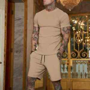 summer men 2 piece set solid color short sleeve shorts and T-Shirt.