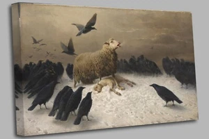AUGUST FRIEDRICH SCHENCK - ANGST - Lamm und Krähen Leinwand Wandbild Bild Druck - Bild 1 von 8