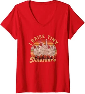I Raise Tiny Dinosaurs Vintage Retro Funny Chicken Ladies' V-Neck Tshirt - Picture 1 of 6
