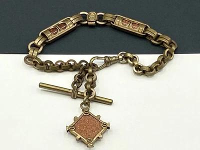 Rare 1897 German Gilded GOLDSTONE Pocket Watch Albert Chain T-Bar &Goldstone Fob - Image 1 of 4