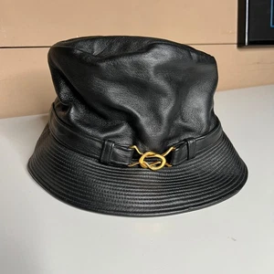 Vintage Duby New York Black Leather Bucket Hat w/ Gold Hardware Stewart’s - Picture 1 of 6
