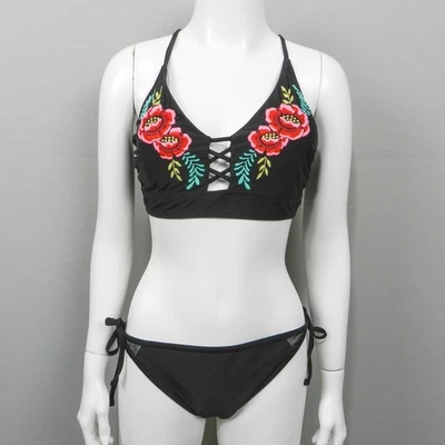 Conjunto de Bikini Xhilaration Negro Floral Bordado XL Traje de Baño Dos Piezas Boho Playa Foto 1 de 4
