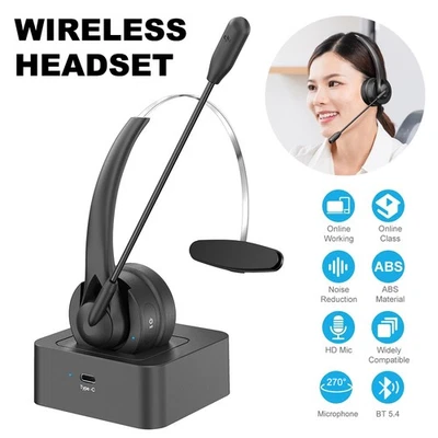 Bluetooth 5.4 Headset Wireless Headphone with Mic Charging Base for PC Laptop - Image 1 of 4