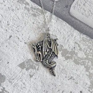 Solid 925 Sterling Silver Mythical Dragon Pendant Necklace Christmas Gift - Picture 1 of 7