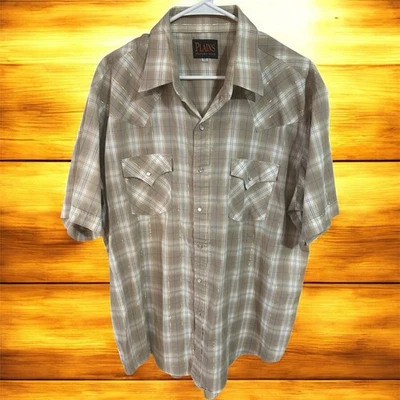 Camisa Plains Western Wear Pearl Snap XL manga curta xadrez bege azul dourado masculina - Imagem 1 de 4