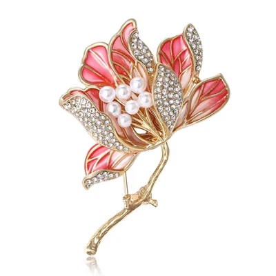 金色粉色莲花胸针珍珠珐琅水钻胸针夏季珠宝礼品 — 第 1/4 张图片
