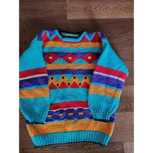 Vintage handgestrickter lebendiger & bunter geometrischer Tribal-Pullover Größe M Hongkong - Bild 1 von 3