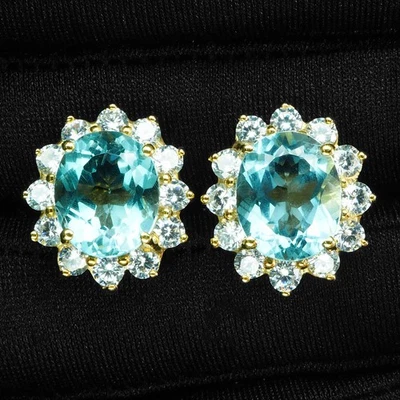 24K Gold 925 Sterling Silver Earrings Invaluable Ocean Blue Aquamarine 8.10Ct - Image 1 of 4